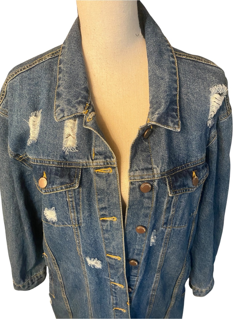 Women’s Long Denim Jacket Distressed Blue size large - Picture 5 of 13